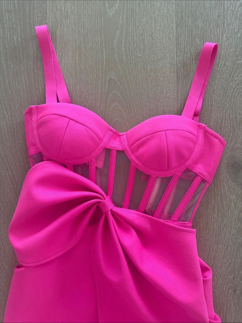 Hot Pink Sculpted Midi Dress with Bow Detail
